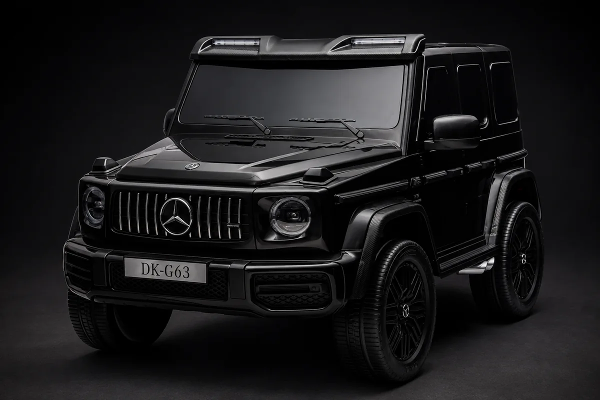 Black Mercedes G63 ride-on with its distinctive upright body and Mercedes grille