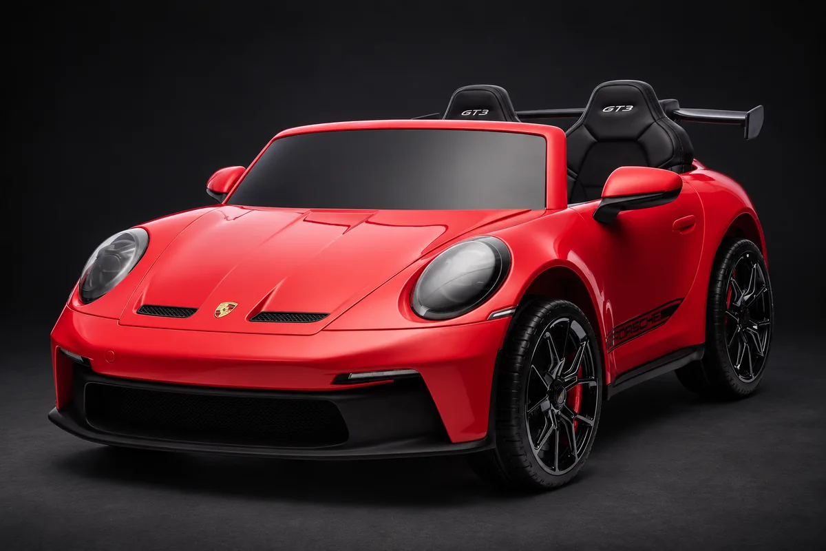 Red Porsche ride-on with two black GT3 seats and a rear spoiler, photographed from the front three-quarter angle