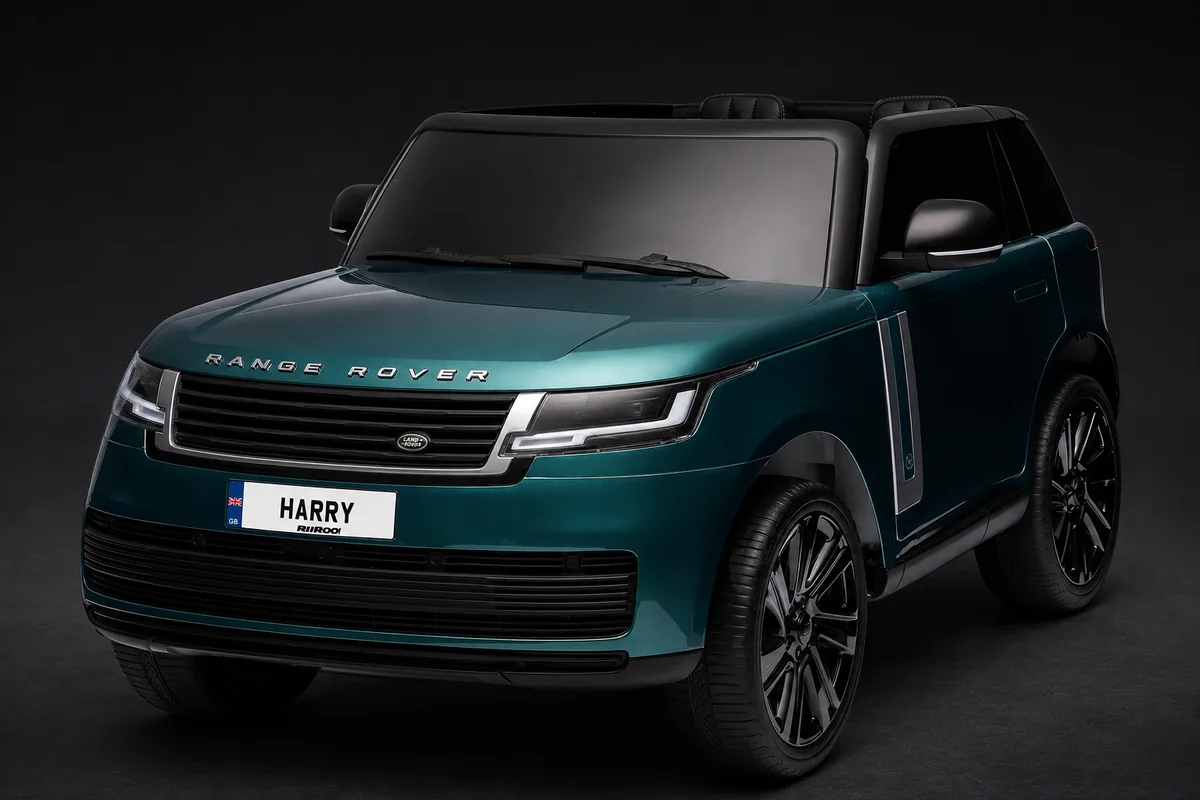 Deep green Range Rover ride-on, photographed from the front three-quarter angle
