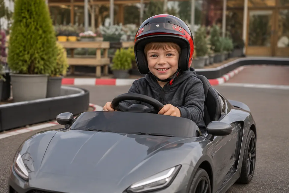 Illustrative placeholder: a helmeted child smiling at the wheel of a miniature car