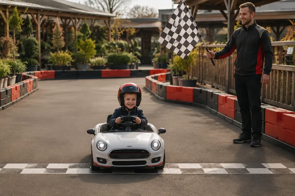Illustrative placeholder: a child in a ride-on car beside a chequered finish flag