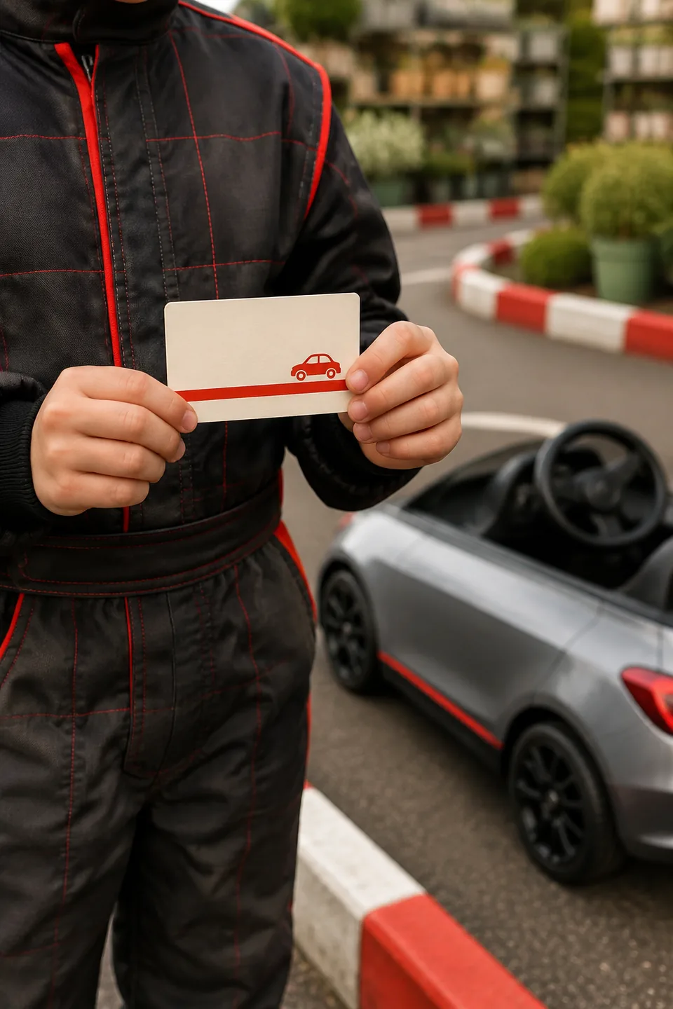 Illustrative placeholder: a child holding a miniature driving souvenir card