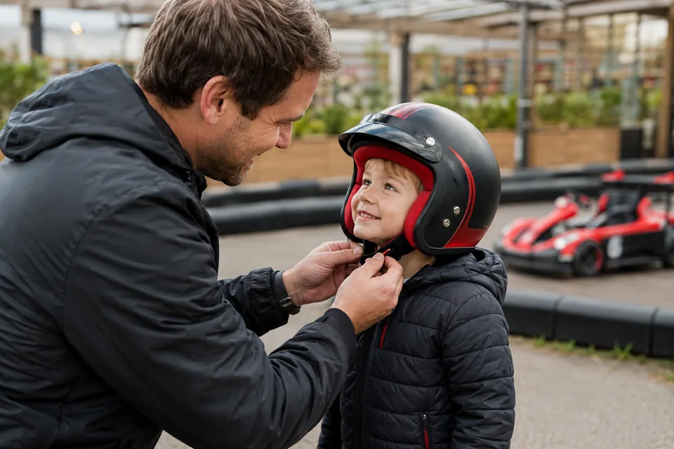 Illustrative placeholder: a parent helping a child with their driving helmet